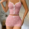 Kadın Pembe Kalp Desenli Askılı Şortlu Pijama Takımı Rahat Şık 2’li Set