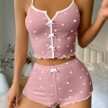 Kadın Pembe Kalp Desenli Askılı Şortlu Pijama Takımı Rahat Şık 2’li Set