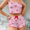 Kadın Pembe Kiraz Desenli Askılı Şortlu Pijama Takımı Rahat Şık 2’li Set