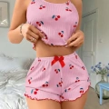 Kadın Pembe Kiraz Desenli Askılı Şortlu Pijama Takımı Rahat Şık 2’li Set