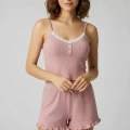 Kadın Pudra Dantel Detaylı Şortlu Gecelik Pijama Takımı Şık Rahat 2’li Set