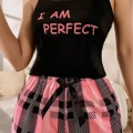 Kadın Siyah Kare Desenli Askılı Şortlu Pijama Takımı Rahat Şık 2’li Set