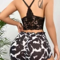 Kadın Siyah Leopar Desenli Dantel Detaylı Şortlu Gecelik Pijama Takımı Şık 2’li Set