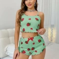 Kadın Yeşil Çilek Desenli Şortlu Pijama Takımı Sevimli Rahat 2’li Set