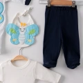 Kelebek Nakışlı Tulumlu % 100 Pamuk Erkek Bebek 5li Set