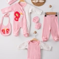 Kelebek Nakışlı Tulumlu % 100 Pamuk Kız Bebek 5li Set