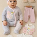 Kelebek Nakışlı Tulumlu % 100 Pamuk Kız Bebek 5li Set