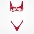 Kırmızı Harness Takım Parlak Deri Açık Kap Sütyen Tanga Set - Brf1382