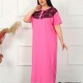 Moda Büyük Beden Dantelli Kısa Kol Fuşya Anne Gecelik