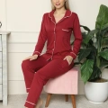 Moda Kadın %100 Pamuk Penye Önden Düğmeli Uzun Kol Pijama Takım Bordo