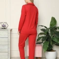 Moda Kadın %100 Pamuk Penye Önden Düğmeli Uzun Kol Pijama Takım Kırmızı
