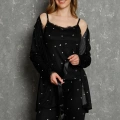 Moda Kadın 3lü Sabahlık Pijama Takım Siyah