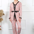 Moda Kadın 3lü Somon Sabahlık Pijama Takım