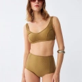 Moda Kadın Basic Hardal Pedli Yüksek Bel Bikini Takımı