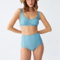 Moda Kadın Basic Turkuaz Pedli Yüksek Bel Bikini Takımı