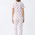 Moda Kadın Beyaz Kırmızı Kalpli Önden Düğmeli Pijama Takımı