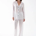Moda Kadın Beyaz Şeffaf Jakar Düğmeli Pijama Takımı