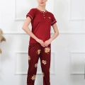 Moda Kadın Bordo Kısa Kol Pijama Takım