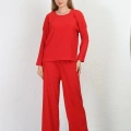 Moda Kadın Bürümcük Kumaş Pijama Takım Kırmızı
