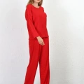 Moda Kadın Bürümcük Kumaş Pijama Takım Kırmızı
