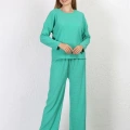 Moda Kadın Bürümcük Kumaş Pijama Takım Yeşil