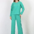 Moda Kadın Bürümcük Kumaş Pijama Takım Yeşil