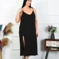 Moda Kadın Büyük Beden İp Askılı Pamuklu Siyah Uzun Gecelik