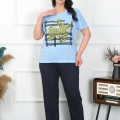 Moda Kadın Büyük Beden Mavi Pijama Takımı