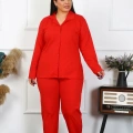 Moda Kadın Büyük Beden Pamuklu Cepli Düğmeli Kırmızı Pijama Takım
