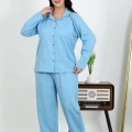 Moda Kadın Büyük Beden Pamuklu Cepli Düğmeli Mavi Pijama Takım