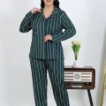 Moda Kadın Büyük Beden Pamuklu Cepli Düğmeli Petrol Pijama Takım