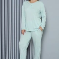 Moda Kadın Büyük Beden Penye Uzun Kol Pijama Takım Su Yeşili