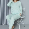 Moda Kadın Büyük Beden Penye Uzun Kol Pijama Takım Su Yeşili