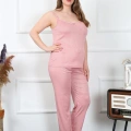 Moda Kadın Büyük Beden Pudra İp Askılı Pijama Takım