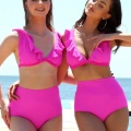 Moda Kadın Fırfırlı Yüksek Bel Fuşya Bikini