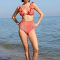 Moda Kadın Fırfırlı Yüksek Bel Kiremit Alt Üst Bikini Takım