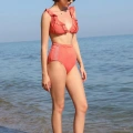 Moda Kadın Fırfırlı Yüksek Bel Kiremit Alt Üst Bikini Takım