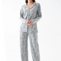 Moda Kadın Gri Desenli Düğmeli Pamuklu Pijama Takımı