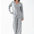 Moda Kadın Gri Desenli Düğmeli Pamuklu Pijama Takımı