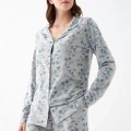 Moda Kadın Gri Desenli Düğmeli Pamuklu Pijama Takımı