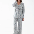 Moda Kadın Gri Desenli Düğmeli Pamuklu Pijama Takımı