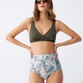 Moda Kadın Haki Pedli Üst ve Yüksek Bel Çiçek Desenli Bikini Takımı