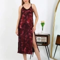 Moda Kadın İp Askılı Uzun Parlak Micro Elbise Gecelik Bordo