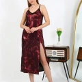 Moda Kadın İp Askılı Uzun Parlak Micro Elbise Gecelik Bordo