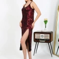 Moda Kadın İp Askılı Uzun Parlak Micro Elbise Gecelik Bordo