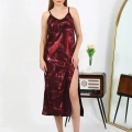 Moda Kadın İp Askılı Uzun Parlak Micro Elbise Gecelik Bordo