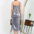 Moda Kadın İp Askılı Uzun Parlak Micro Elbise Gecelik Gri