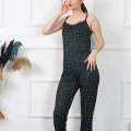 Moda Kadın İp Askılı Yeşil Ekoseli Pijama Takım