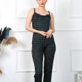 Moda Kadın İp Askılı Yeşil Ekoseli Pijama Takım