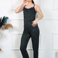 Moda Kadın İp Askılı Yeşil Ekoseli Pijama Takım